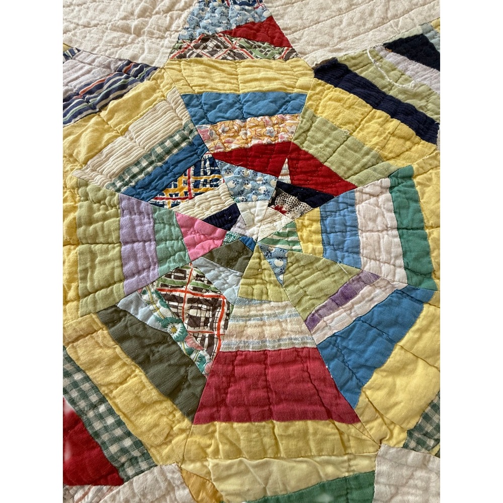 Vintage Handmade Patchwork Quilt Spider Web Wagon Wheel Feed 1930s sack Cotton - Picture 12 of 15